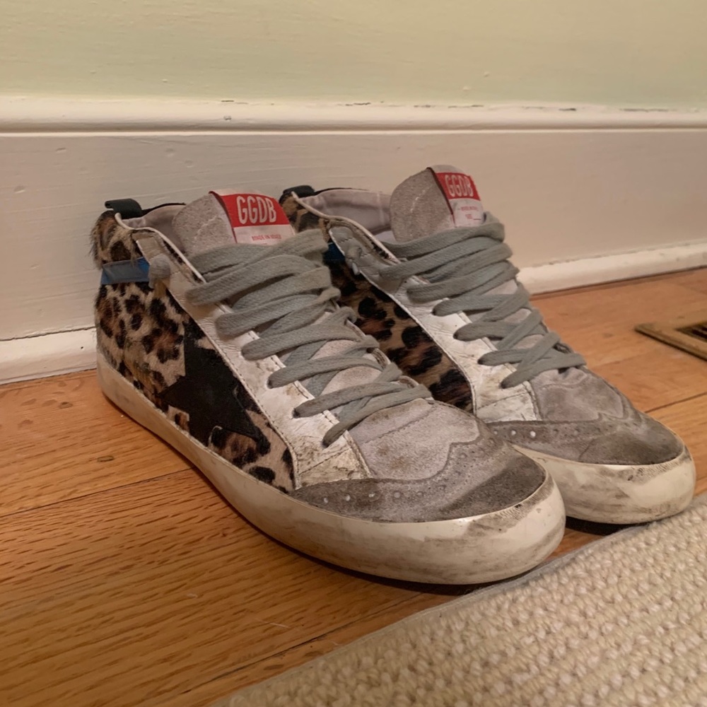 Golden Goose Leopard Print Sneakers with Gray and Black Accents